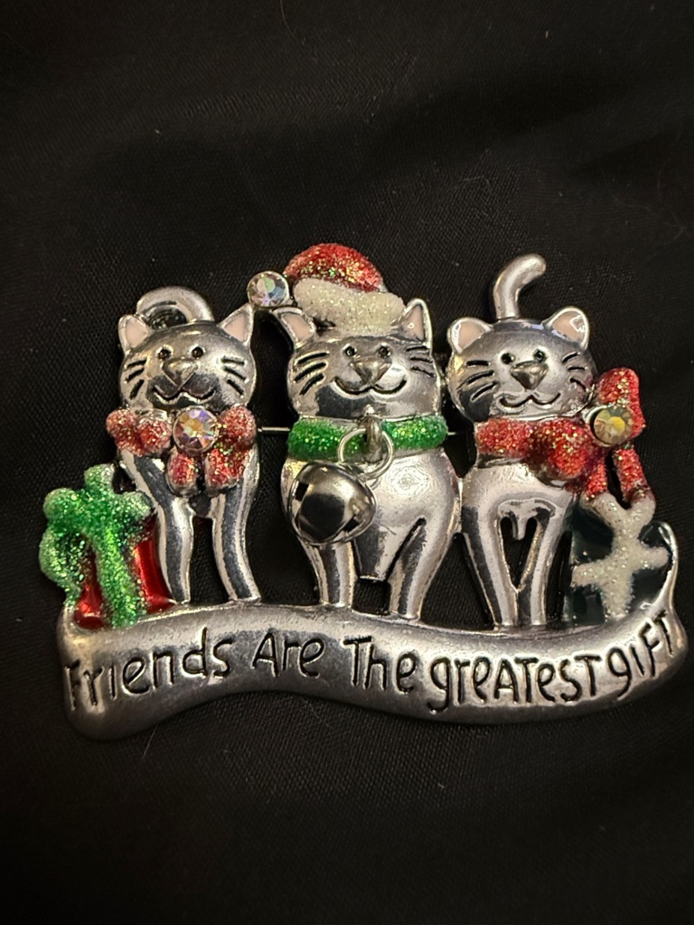 Holiday Cat Friends Brooch Pin - Silver with Red &‎ Green Accents